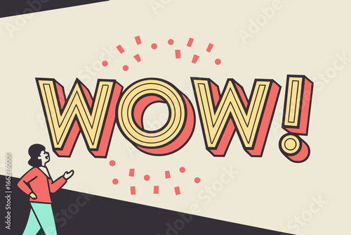 Person looking up in amazement at large colorful wow text with confetti