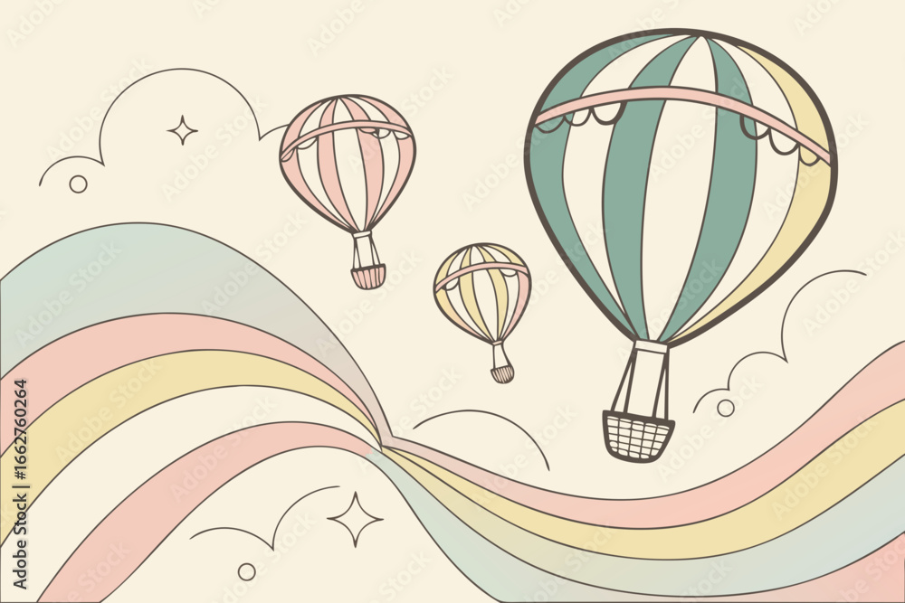 Obraz premium Whimsical hot air balloons float through a pastel sky with rainbow waves