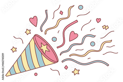 Party popper exploding with confetti hearts stars and ribbons