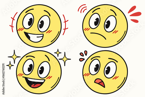 Four cartoon yellow faces showing different emotions and expressions