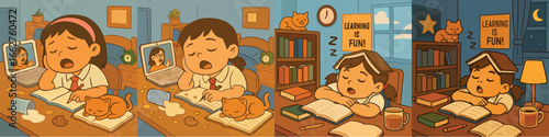 School children who are sleepy during online learning.