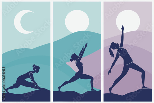 Three women performing yoga poses in a stylized landscape with moon and sun