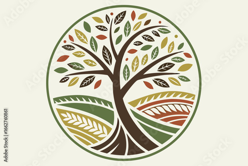 Stylized tree of life with rolling hills and fields