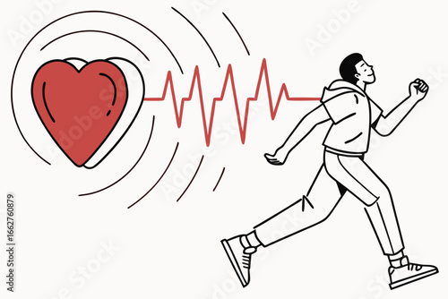 Man running with heart and heartbeat line illustration