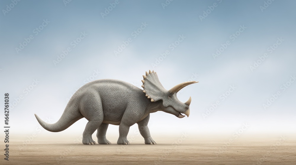 Fototapeta premium Realistic Triceratops Dinosaur Model in a Desert Landscape Setting