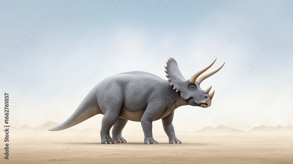 Fototapeta premium Realistic Triceratops Dinosaur Model in Desert Landscape Setup