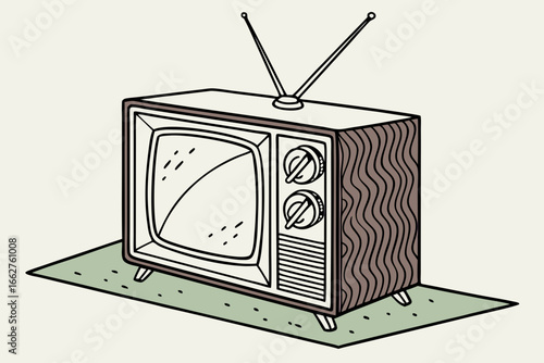 Retro television with antenna and wavy wood grain texture