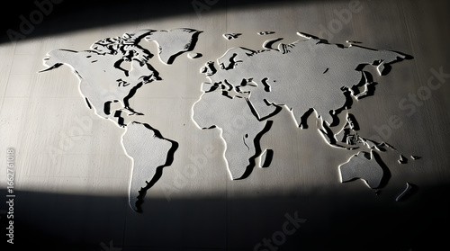 Sunlight illuminating embossed world map on textured surface