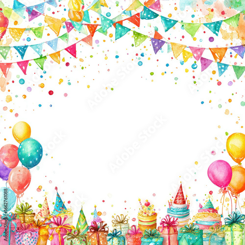 Colorful party border with gifts, balloons, and confetti