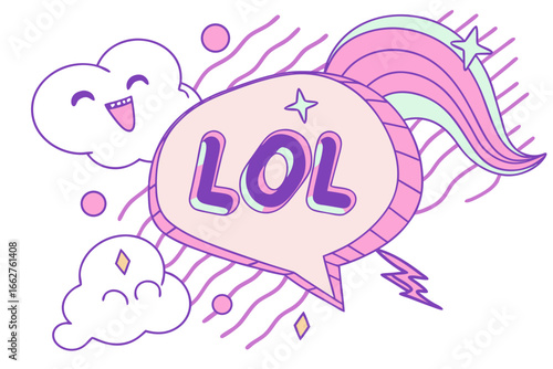 Cute kawaii lol speech bubble with happy clouds and rainbow tail