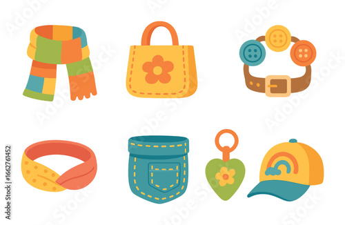 Upcycled Accessories Icons. Flat vector mini-illustrations upcycled children’s accessories in colors