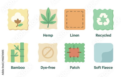 Sustainable Fabric Icons. Flat vector mini-illustrations colorful sustainable fabrics in colors children's