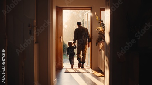 Father returning home embraced by child at doorway during sunset