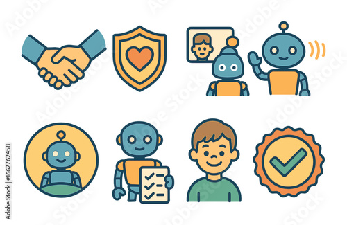 Trust in Robot Interaction. Flat vector mini-illustrations trust and safety in human-robot bonds in colors