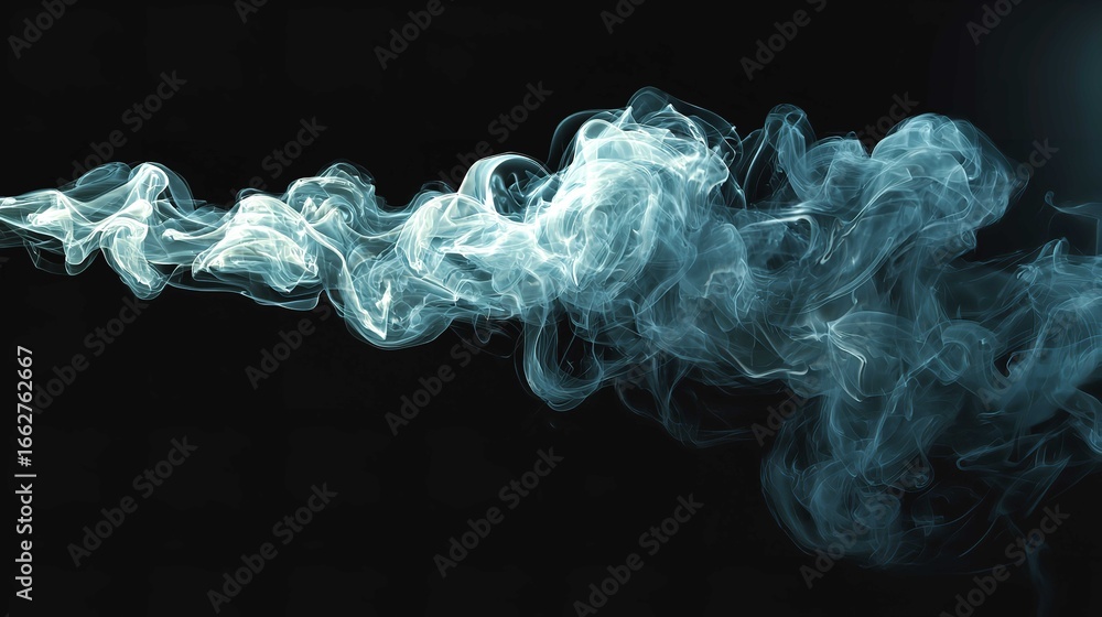 Fototapeta premium Abstract Smoke Stream, Teal Vapor, Black Background, Design Element stock image