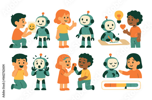 Teaching Robots Emotions. Flat vector mini-illustrations humans teaching robots emotions in colors children's