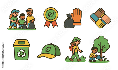 Eco-Volunteering Activities. Flat vector mini-illustrations eco-volunteering in colors children's