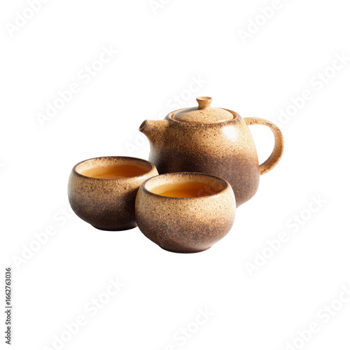 Rustic Brown Tea Set Ceramic Teapot and Cups with Tea
