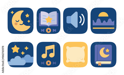 Children's Sleep Aid Icons. Flat vector mini-illustrations sleep aid apps in colors children's illustrations: