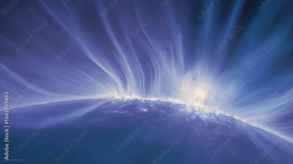 Naklejka premium A painterly solar corona explosion with rippling aurora energy cascading toward a small blue planet.