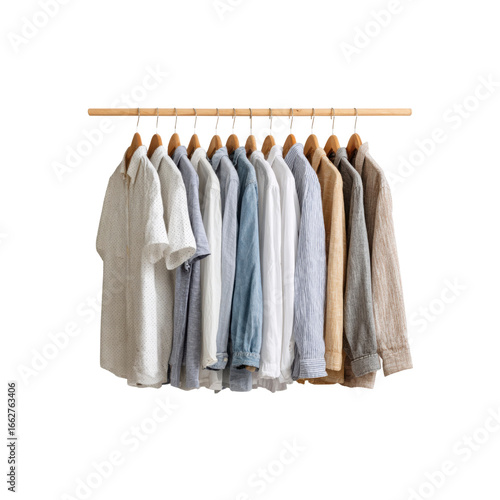 Neutral-toned linen shirts hanging on wooden rack