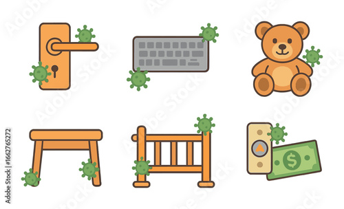 Germ Hotspots Icons. Flat vector mini-illustrations germ hotspots in colors children's illustrations: door