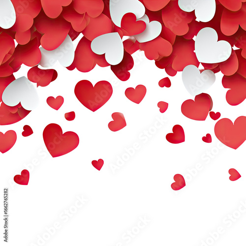 Red and white hearts cascading against black