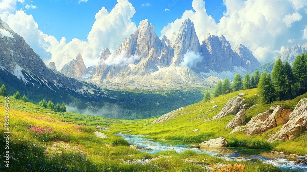 Fototapeta premium Mountain valley, lush greenery, clear stream