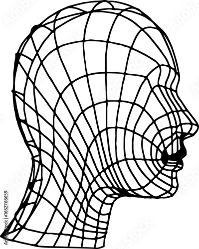 Retro futuristic design elements. 3D wireframe shapes, cyberpunk windows and distorted meshes, high and low poly human heads. Vector blanks for a poster, banner, business card, sticker