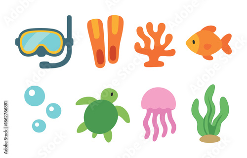 Eco Diving Icons. Flat vector mini-illustrations eco diving tours in colors children's illustrations: diving