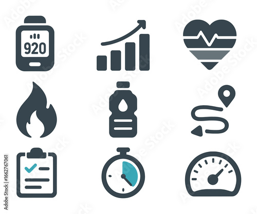 Fitness Icon Set. Flat icon set of fitness tracking tools: pedometer, step graph, heart rate zone, calorie