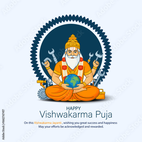 Vishwakarma Puja Greeting Card with Lord Vishwakarma Holding Globe and Tools