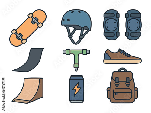 Skateboarding Essentials Icons. Flat icon set of skateboarding workout: skateboard, helmet, elbow pads, grip