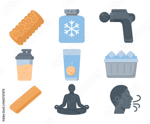 Post-Workout Recovery Icons. Flat icon set of post-workout recovery: foam roller, cold pack, massage gun,