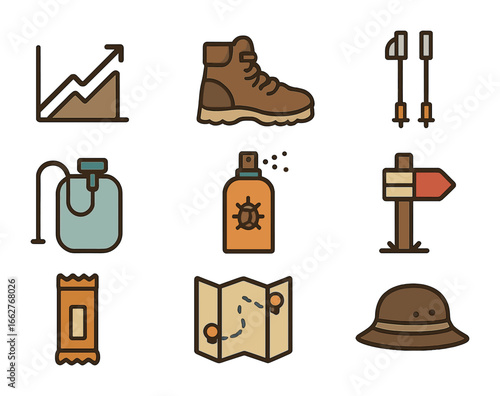 Hiking Essentials Icons Set. Flat icon set of hiking fitness icons: elevation icon, hiking boots, trekking