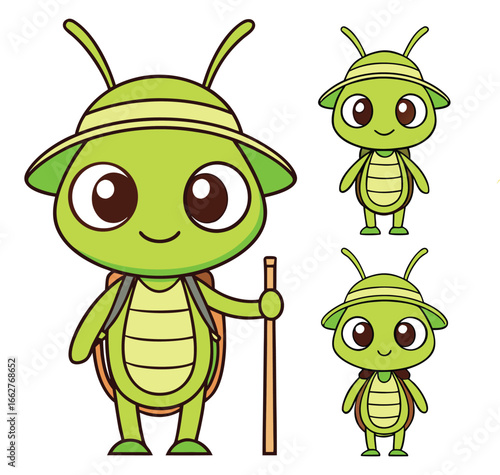Vector art of cute cartoon green insect character with hat and backpack