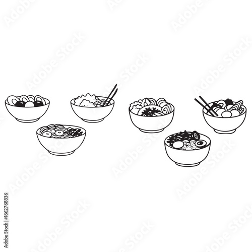 poke bowl collection. Salmon, cucumber, tomato, egg, shrimp, and other vector silhouette