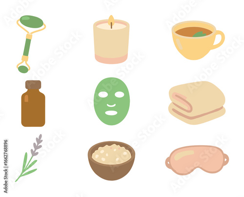 Wellness Essentials Icons. Flat icon set of wellness flat lay: jade roller, scented candle, herbal tea,