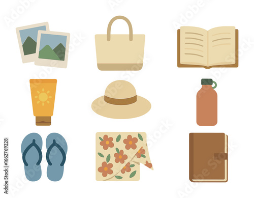 Weekend Escape Essentials. Flat icon set of weekend escape flat lay: instant photos, tote bag, book, sunscreen