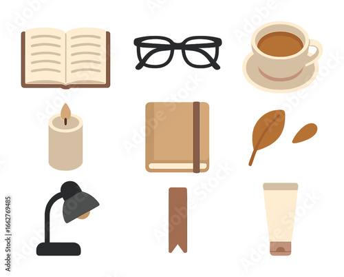 Cozy Reading Essentials. Flat icon set of flat lay with books: open novel, reading glasses, cup of tea, candle