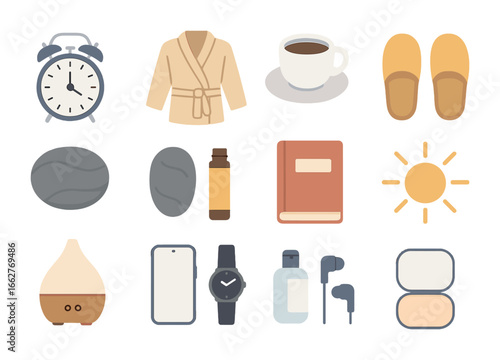 Morning Ritual Essentials. Flat icon set of morning ritual flat lay: alarm clock, robe, coffee cup, slippers,