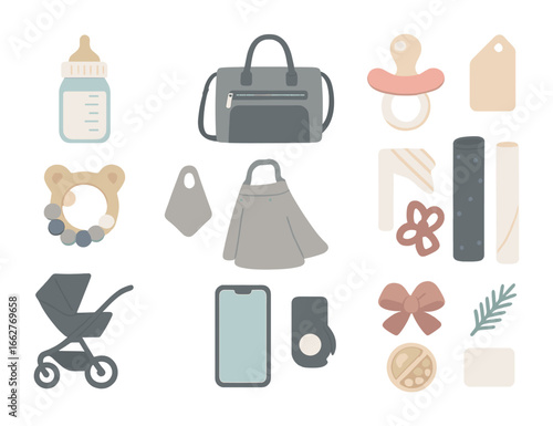 Stylish Mom & Holiday Icons. Flat icon set of stylish mom flat lay: baby bottle, diaper bag, pacifier,