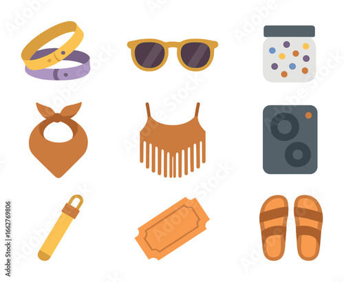 Festival Icon Set. Flat icon set of festival flat lay: wristbands, sunglasses, glitter jar, fringe top,