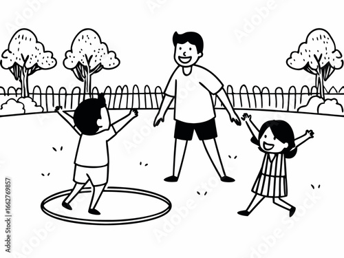 Happy children playing with their father in a park, enjoying outdoor family time
