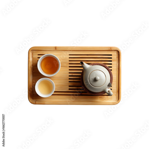 Overhead View of Tea Set on Bamboo Tray Teapot and Two Cups