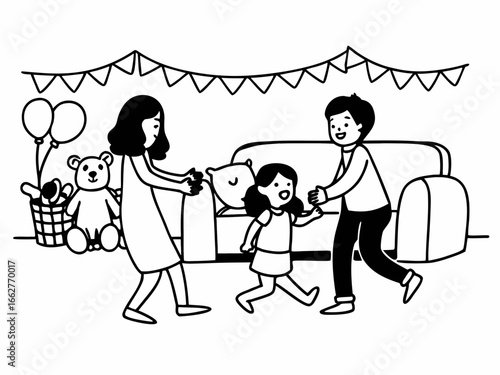 Family fun time with playful pillow fight, creating happy childhood memories together