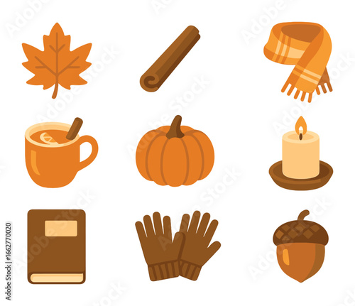 Autumn Essentials Icons. Flat icon set of autumn flat lay: leaves, cinnamon stick, scarf, mug of cider,
