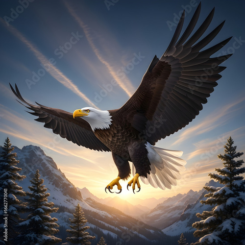 Majestic Bald Eagle Soaring Over Snowy Mountains at Golden Hour