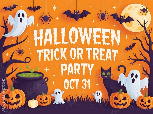 Halloween trick or treat party invitation with ghosts pumpkins and bats