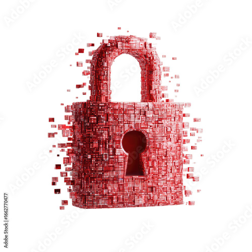 A fragmented, red padlock, digitally rendered